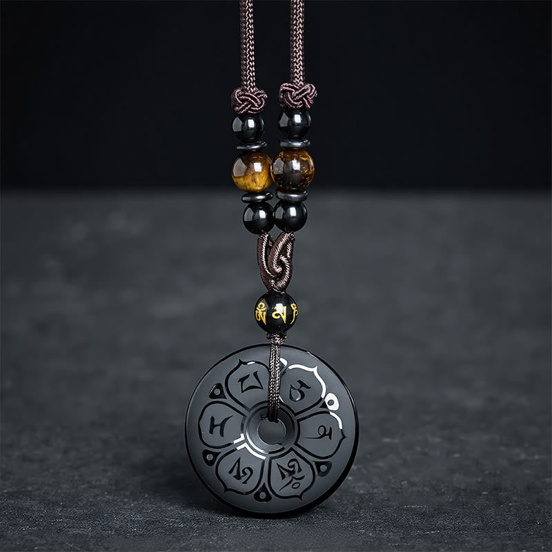 Buddha Stones Black Obsidian Peace Buckle Protection Engraved Braided Necklace