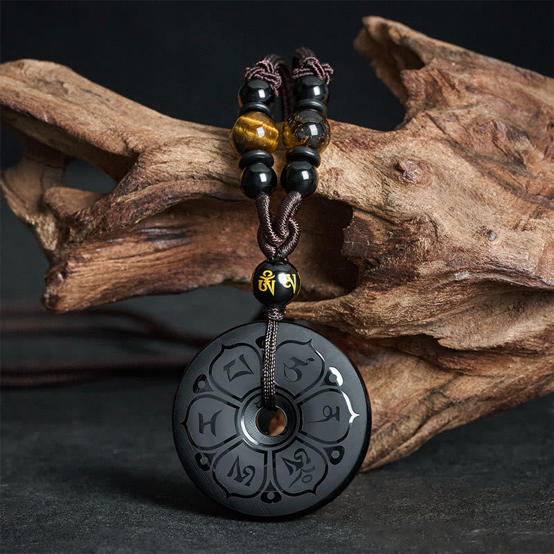 Buddha Stones Black Obsidian Peace Buckle Protection Engraved Braided Necklace