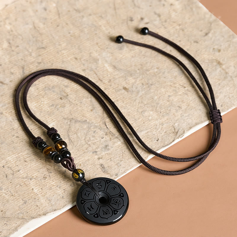 Buddha Stones Black Obsidian Peace Buckle Protection Engraved Braided Necklace