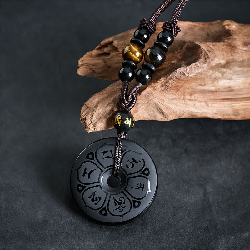 Buddha Stones Black Obsidian Peace Buckle Protection Engraved Braided Necklace