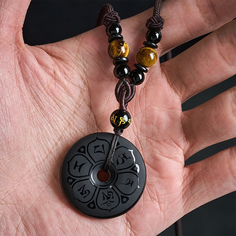 Buddha Stones Black Obsidian Peace Buckle Protection Engraved Braided Necklace