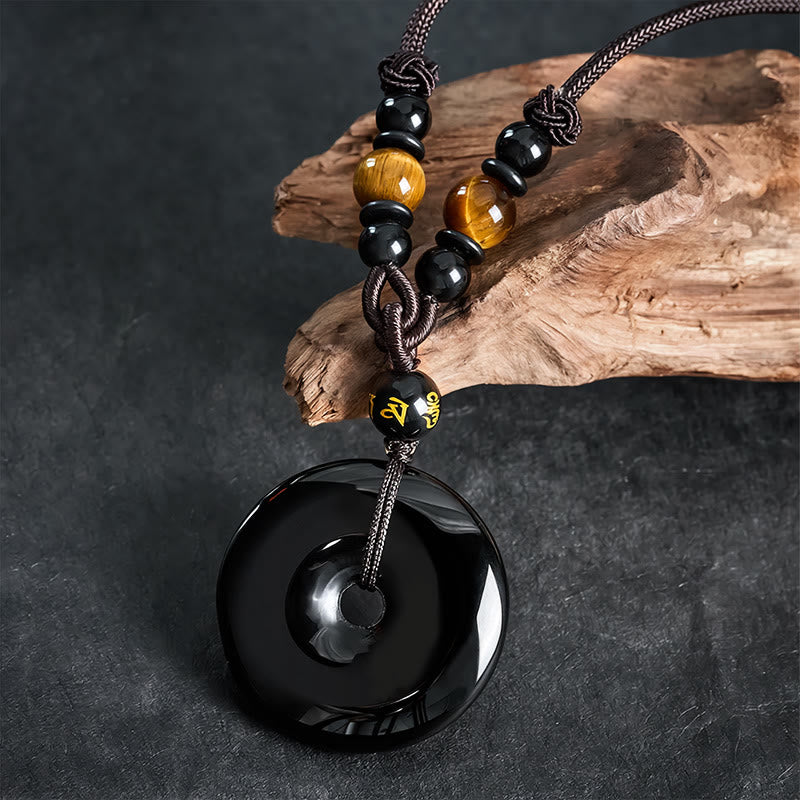 Buddha Stones Black Obsidian Peace Buckle Protection Engraved Braided Necklace