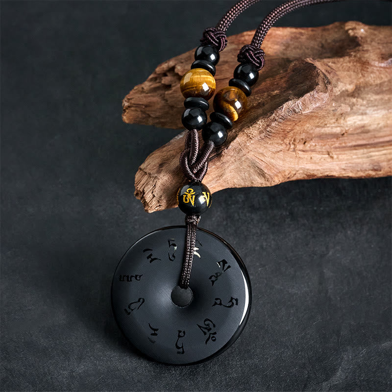 Buddha Stones Black Obsidian Peace Buckle Protection Engraved Braided Necklace