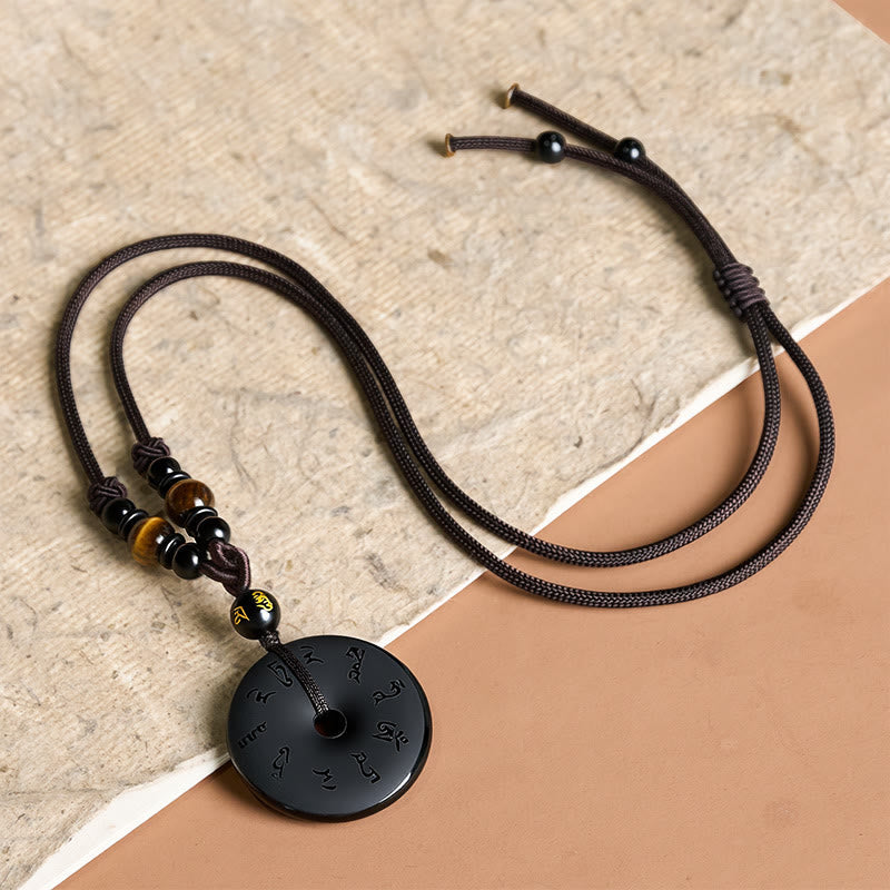 Buddha Stones Black Obsidian Peace Buckle Protection Engraved Braided Necklace