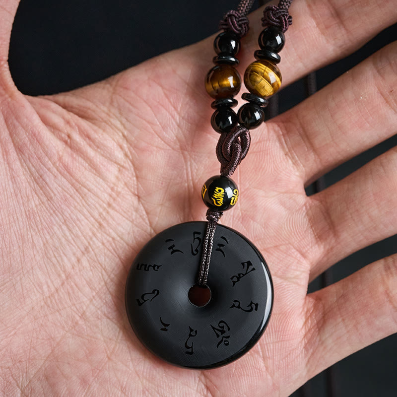Buddha Stones Black Obsidian Peace Buckle Protection Engraved Braided Necklace
