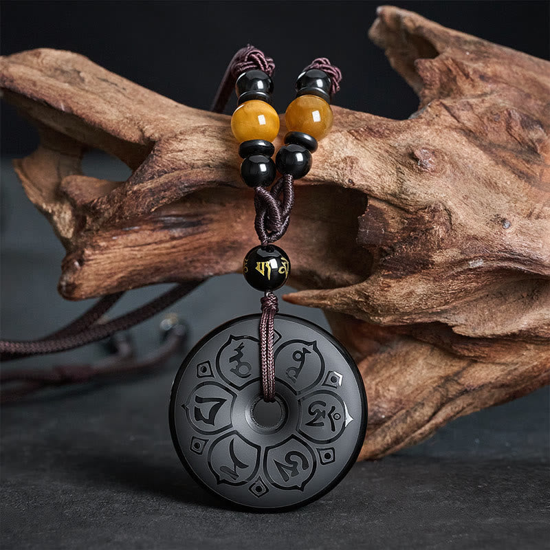 Buddha Stones Black Obsidian Peace Buckle Protection Engraved Braided Necklace