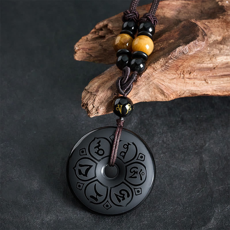 Buddha Stones Black Obsidian Peace Buckle Protection Engraved Braided Necklace