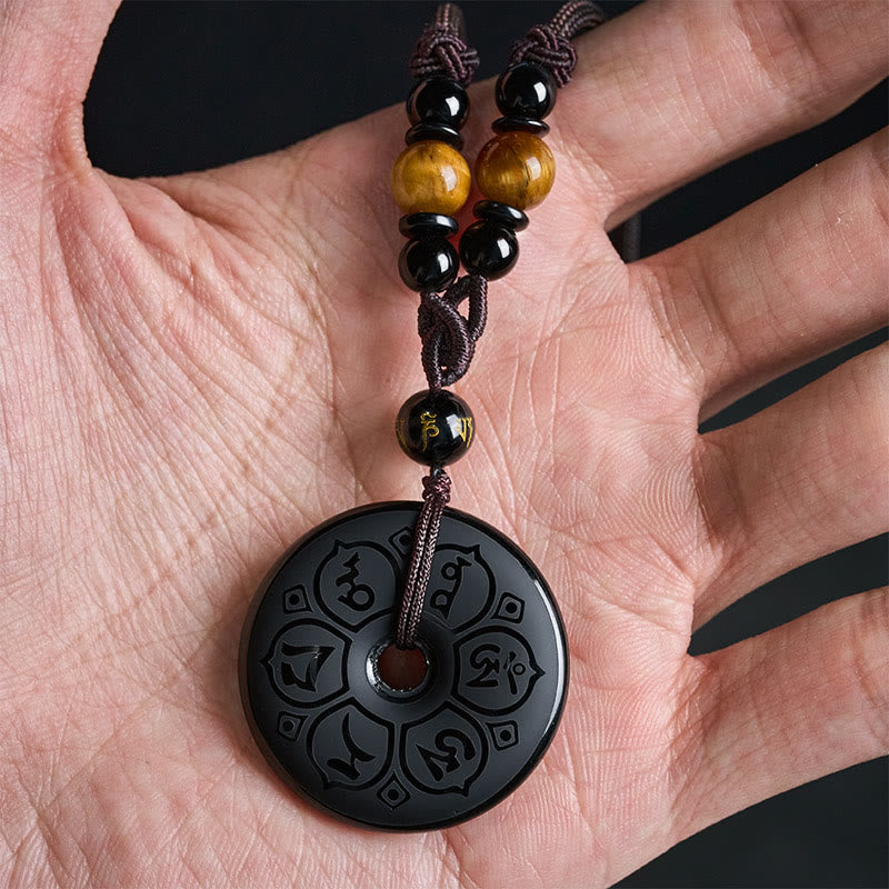 Buddha Stones Black Obsidian Peace Buckle Protection Engraved Braided Necklace