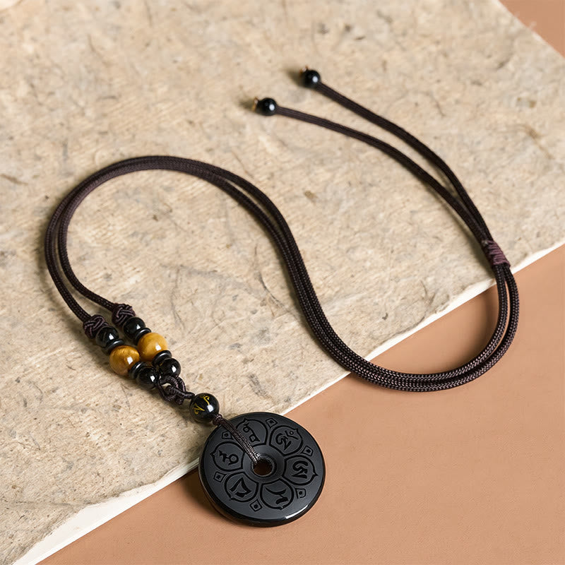 Buddha Stones Black Obsidian Peace Buckle Protection Engraved Braided Necklace