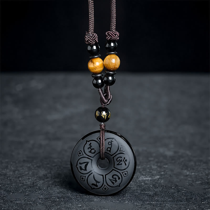 Buddha Stones Black Obsidian Peace Buckle Protection Engraved Braided Necklace