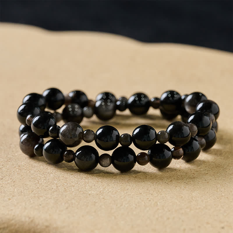Buddha Stones Black Obsidian Single Double Layer Round Bead Protection Bracelet