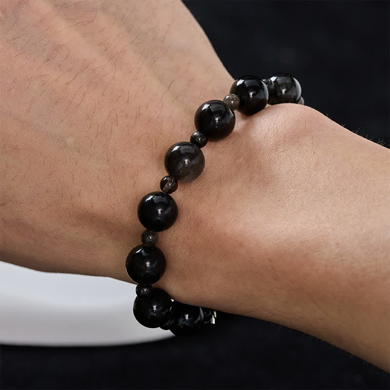 Buddha Stones Black Obsidian Single Double Layer Round Bead Protection Bracelet