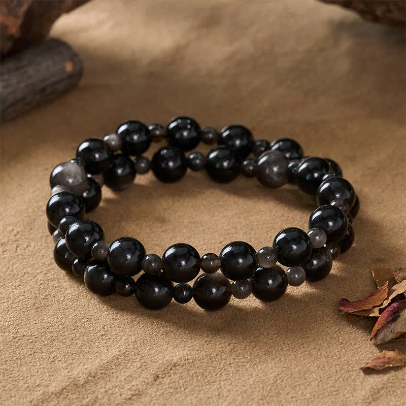 Buddha Stones Black Obsidian Single Double Layer Round Bead Protection Bracelet