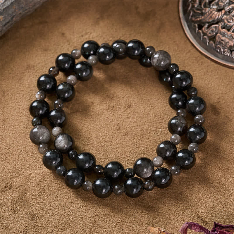 Buddha Stones Black Obsidian Single Double Layer Round Bead Protection Bracelet