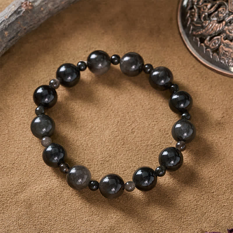 Buddha Stones Black Obsidian Single Double Layer Round Bead Protection Bracelet