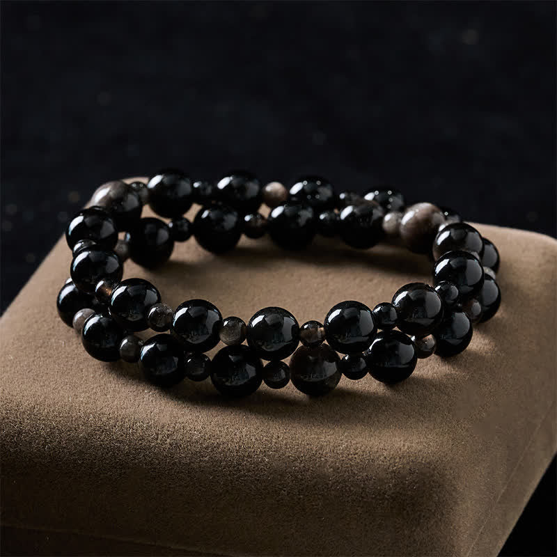 Buddha Stones Black Obsidian Single Double Layer Round Bead Protection Bracelet