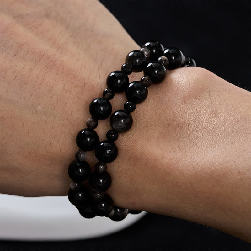 Buddha Stones Black Obsidian Single Double Layer Round Bead Protection Bracelet