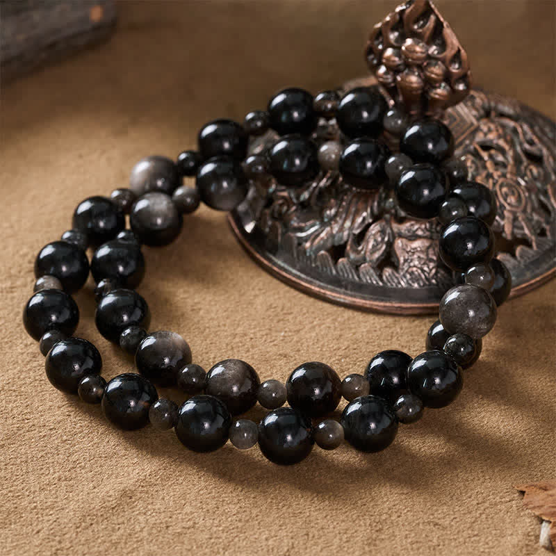 Buddha Stones Black Obsidian Single Double Layer Round Bead Protection Bracelet