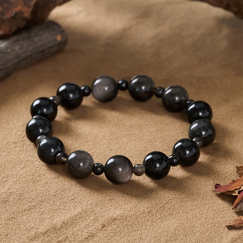 Buddha Stones Black Obsidian Single Double Layer Round Bead Protection Bracelet