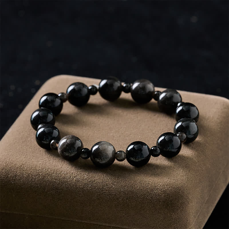 Buddha Stones Black Obsidian Single Double Layer Round Bead Protection Bracelet