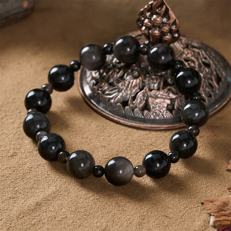 Buddha Stones Black Obsidian Single Double Layer Round Bead Protection Bracelet