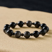 Buddha Stones Black Obsidian Single Double Layer Round Bead Protection Bracelet