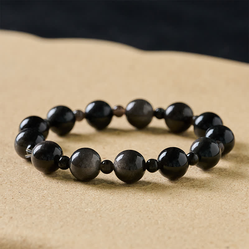 Buddha Stones Black Obsidian Single Double Layer Round Bead Protection Bracelet