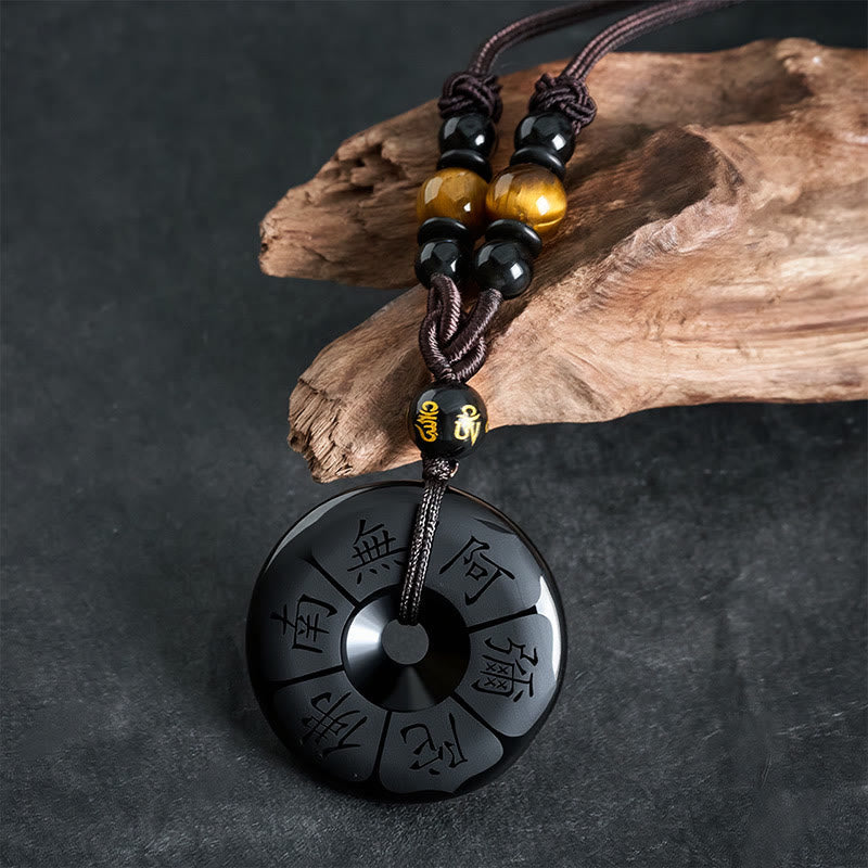 Buddha Stones Black Obsidian Namo Ami Peace Buckle Protection Engraved Necklace