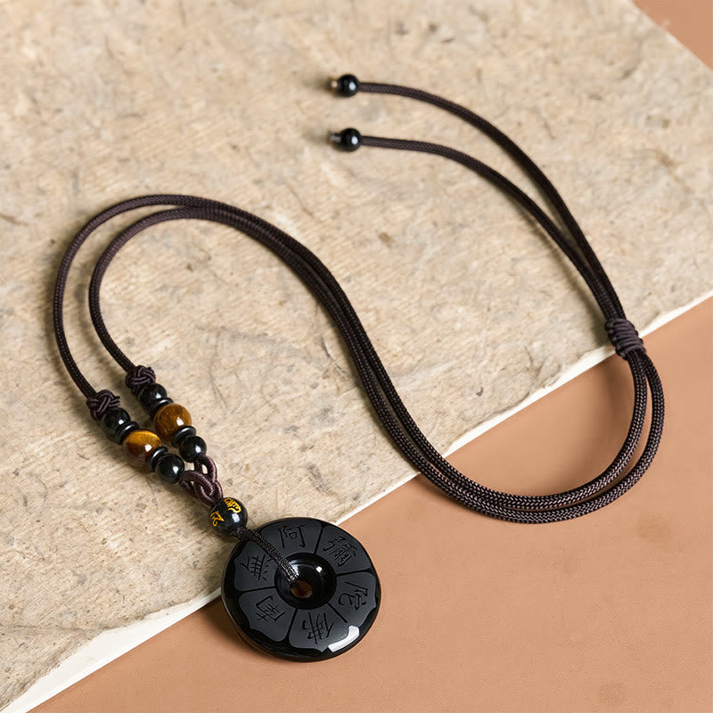 Buddha Stones Black Obsidian Namo Ami Peace Buckle Protection Engraved Necklace