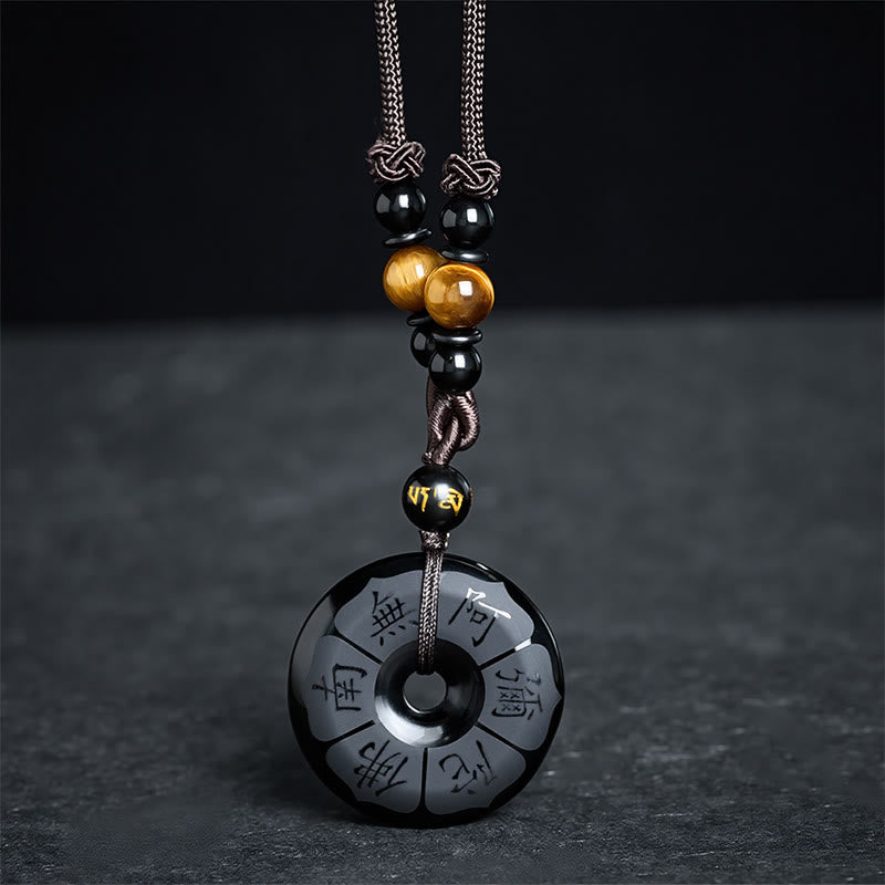 Buddha Stones Black Obsidian Namo Ami Peace Buckle Protection Engraved Necklace