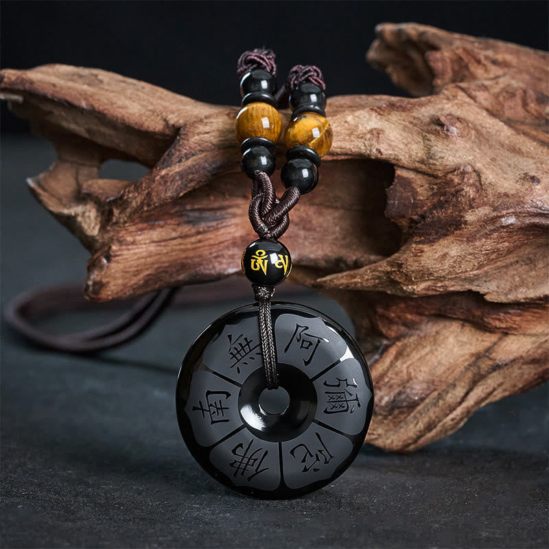 Buddha Stones Black Obsidian Namo Ami Peace Buckle Protection Engraved Necklace