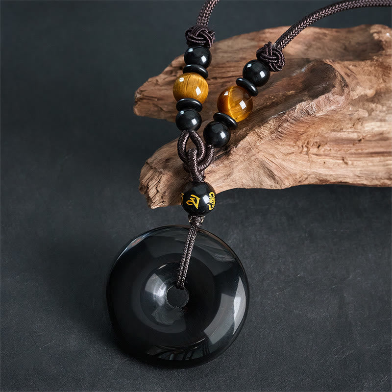 Buddha Stones Black Obsidian Namo Ami Peace Buckle Protection Engraved Necklace