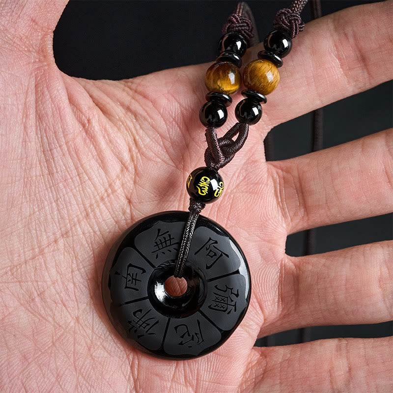 Buddha Stones Black Obsidian Namo Ami Peace Buckle Protection Engraved Necklace