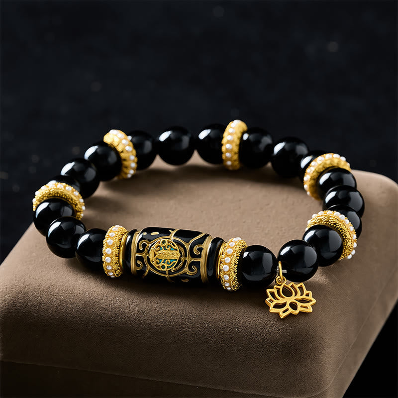 Buddha Stones Black Obsidian Resin Barrel Bead Lotus Pendant Protection Round Bead Bracelet