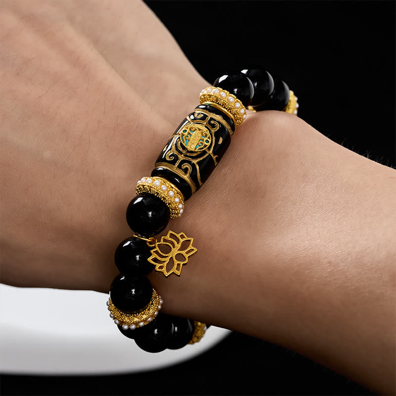Buddha Stones Black Obsidian Resin Barrel Bead Lotus Pendant Protection Round Bead Bracelet