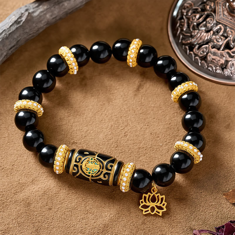 Buddha Stones Black Obsidian Resin Barrel Bead Lotus Pendant Protection Round Bead Bracelet