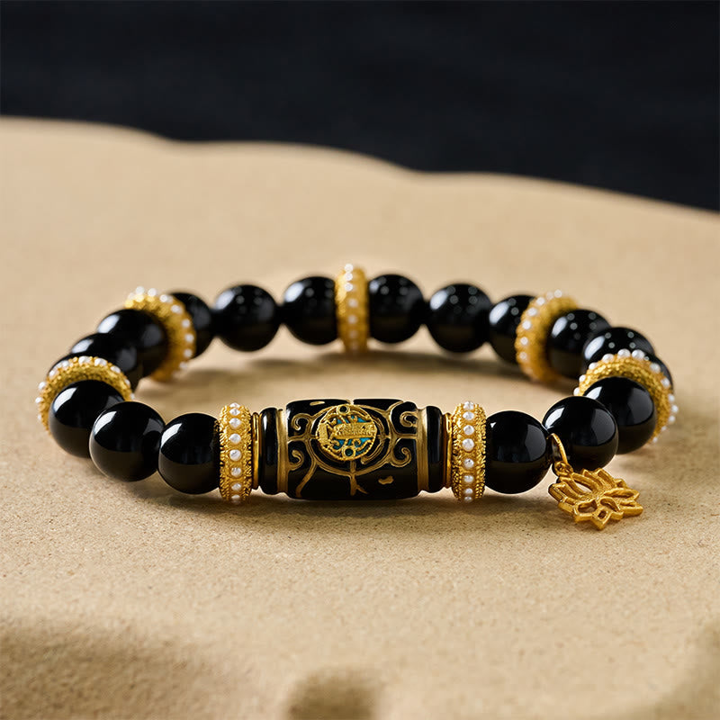 Buddha Stones Black Obsidian Resin Barrel Bead Lotus Pendant Protection Round Bead Bracelet