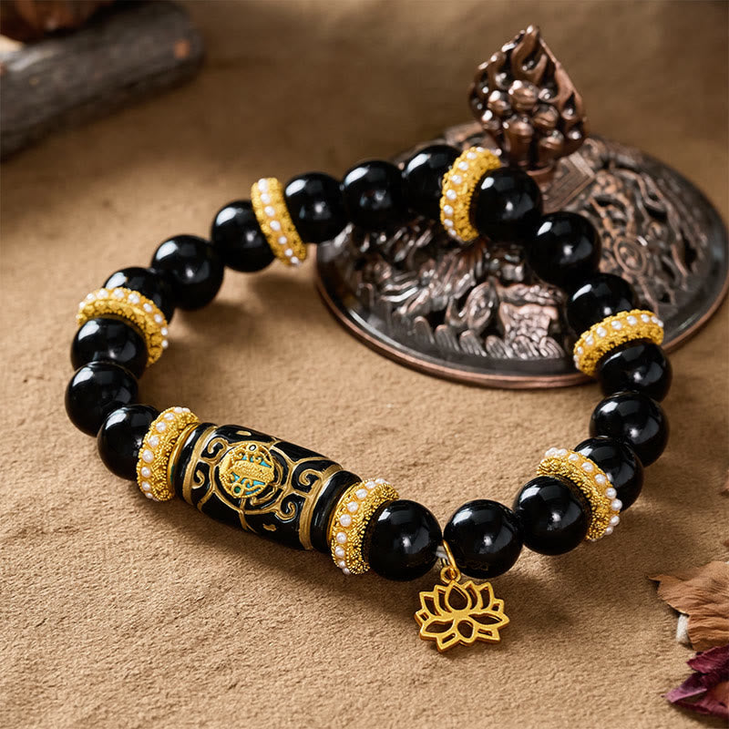 Buddha Stones Black Obsidian Resin Barrel Bead Lotus Pendant Protection Round Bead Bracelet