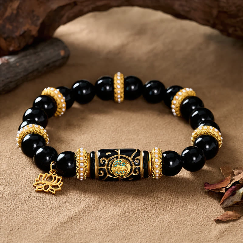 Buddha Stones Black Obsidian Resin Barrel Bead Lotus Pendant Protection Round Bead Bracelet