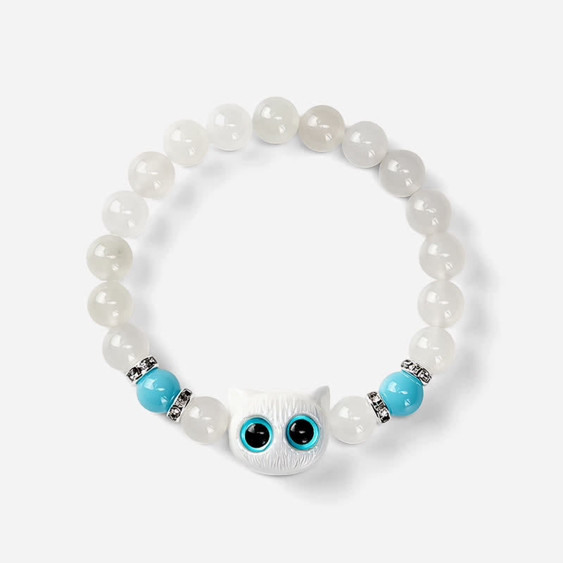 Buddha Stones White Jade Black Obsidian Cute Cat Head Purity Beaded Bracelet