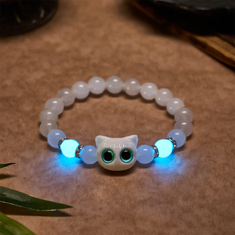Buddha Stones White Jade Black Obsidian Cute Cat Head Purity Beaded Bracelet