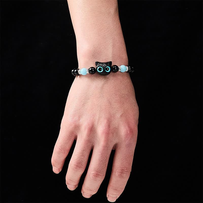 Buddha Stones White Jade Black Obsidian Cute Cat Head Purity Beaded Bracelet
