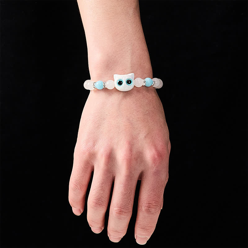EverestArtstudios White Jade Black Obsidian Cute Cat Head Purity Beaded Bracelet