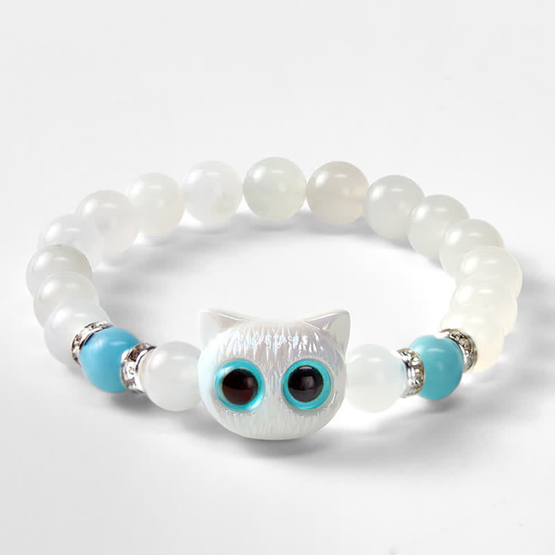 Buddha Stones White Jade Black Obsidian Cute Cat Head Purity Beaded Bracelet