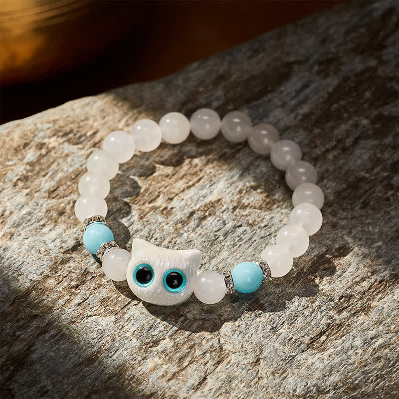 EverestArtstudios White Jade Black Obsidian Cute Cat Head Purity Beaded Bracelet