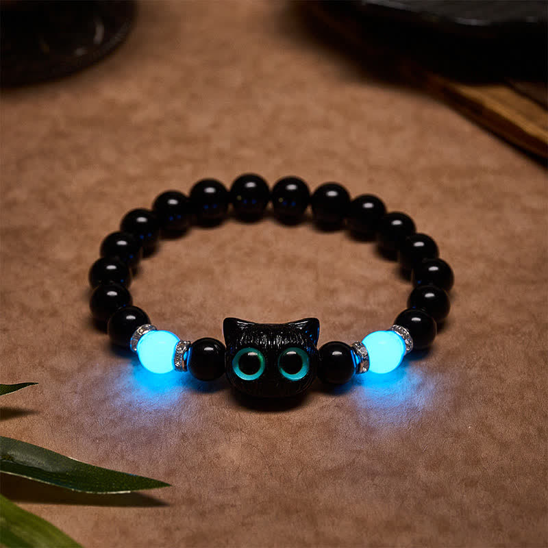EverestArtstudios White Jade Black Obsidian Cute Cat Head Purity Beaded Bracelet