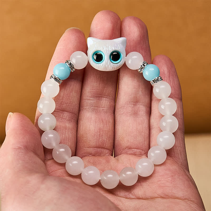 Buddha Stones White Jade Black Obsidian Cute Cat Head Purity Beaded Bracelet