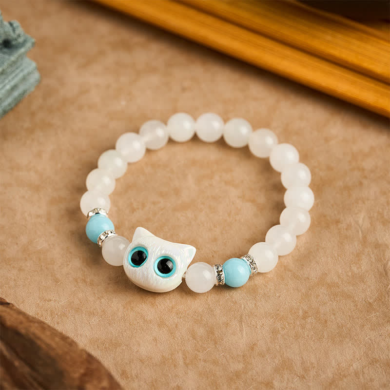 EverestArtstudios White Jade Black Obsidian Cute Cat Head Purity Beaded Bracelet
