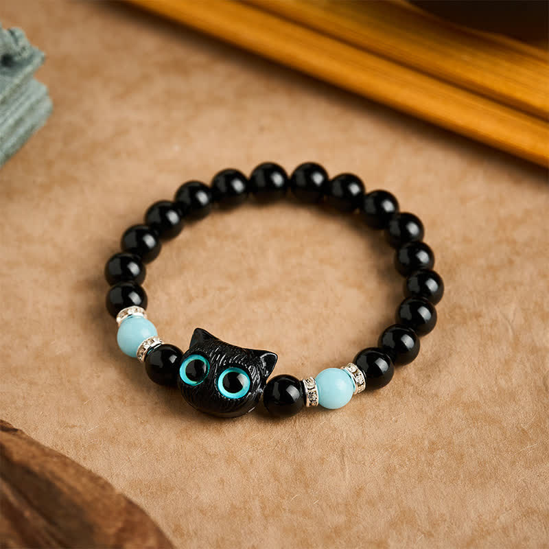 Buddha Stones White Jade Black Obsidian Cute Cat Head Purity Beaded Bracelet