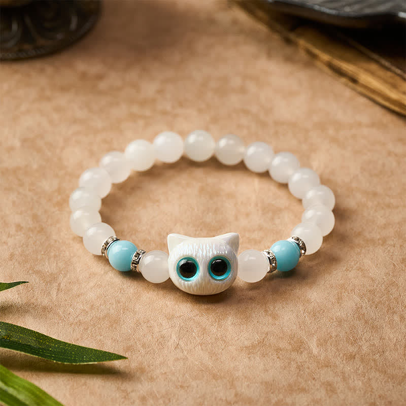 Buddha Stones White Jade Black Obsidian Cute Cat Head Purity Beaded Bracelet